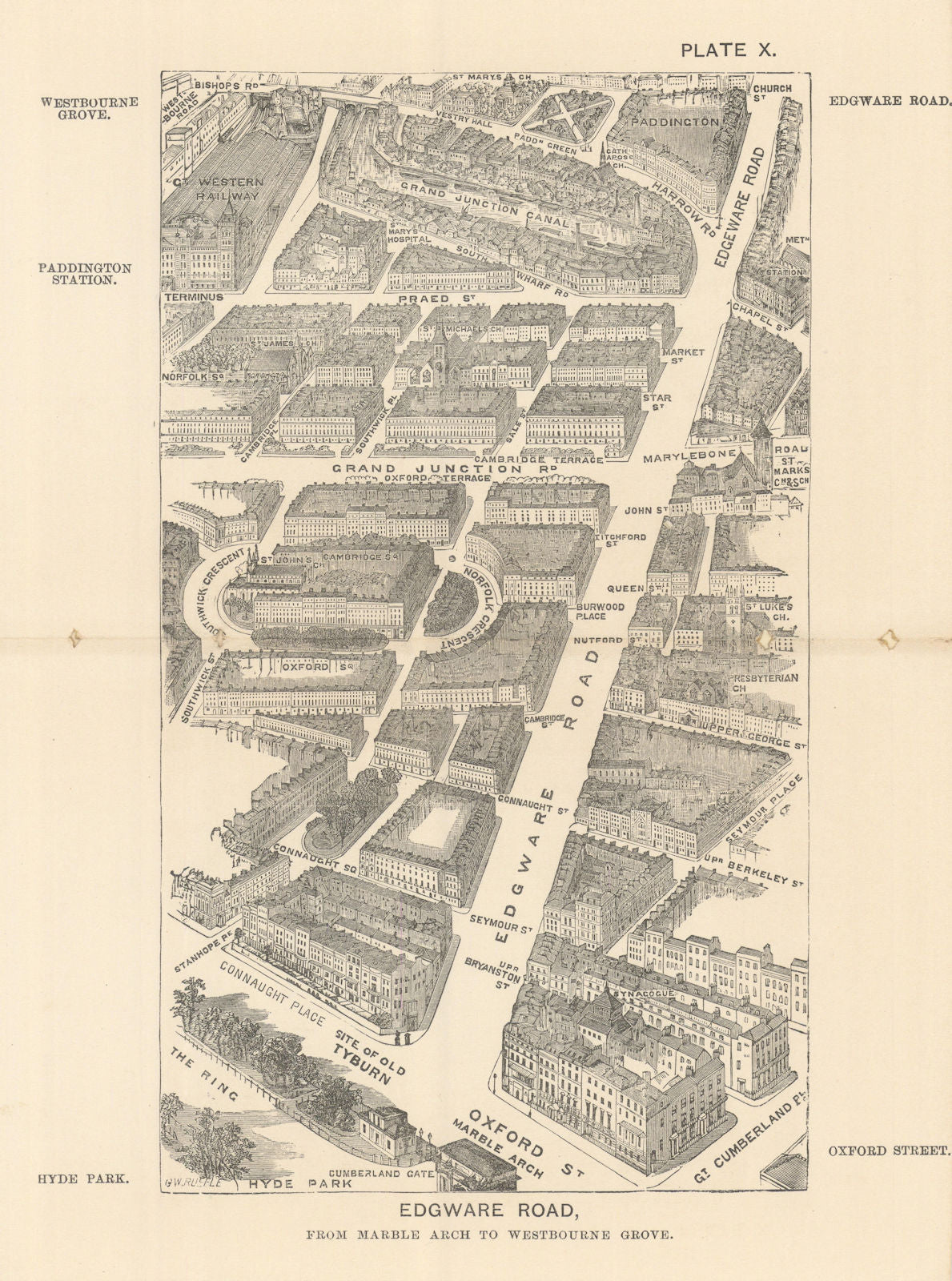 Edgware Road bird's eye view. Marble Arch to Westbourne Grove. SULMAN 1890 map